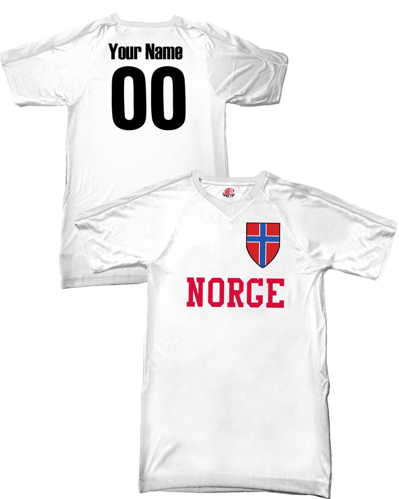 May include: White soccer jersey with a red and blue Norwegian flag on the left chest and the word "NORGE" in red letters below. The back of the jersey has a black number "00" and the words "Your Name" above the number.