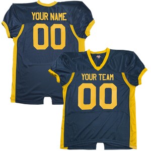 May include: Navy blue football jersey with yellow trim. The jersey displays the text "YOUR NAME" and the number "00" on the back. The front of the jersey has the text "YOUR TEAM" and the number "00".