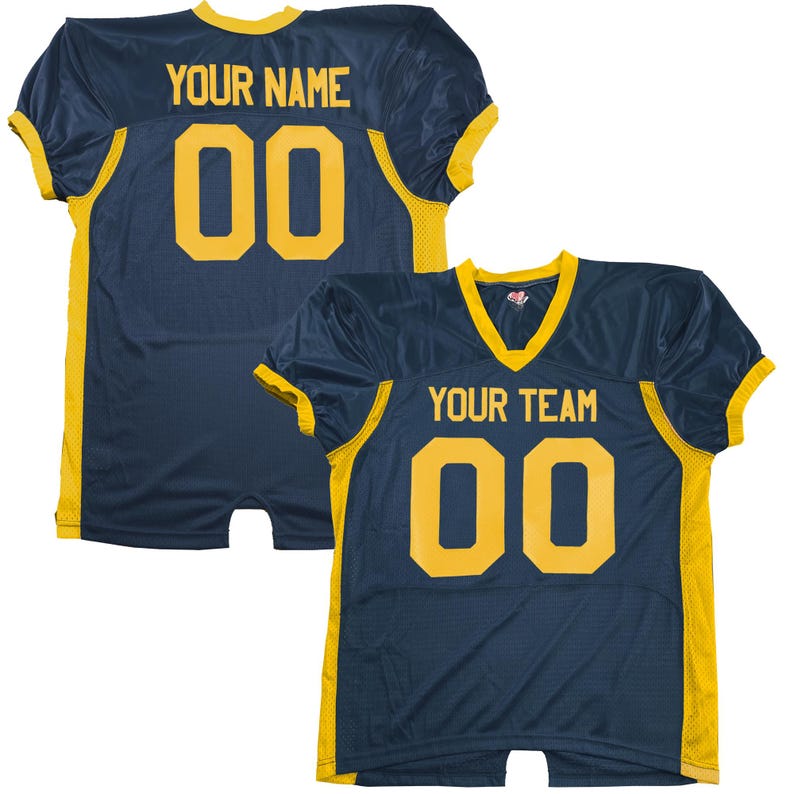 May include: Navy blue football jersey with yellow trim. The jersey displays the text "YOUR NAME" and the number "00" on the back. The front of the jersey has the text "YOUR TEAM" and the number "00".