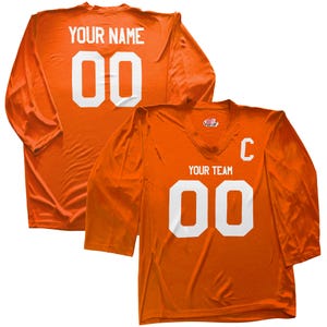 Camiseta de hockey personalizada con nombre y número para jóvenes y adultos. Regalo ideal. Impresión económica en vinilo. Orange Full Print