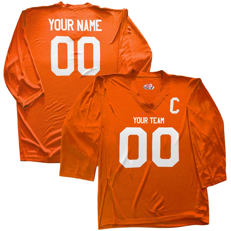 Camiseta de hockey personalizada con nombre y número para jóvenes y adultos. Regalo ideal. Impresión económica en vinilo. Orange Full Print