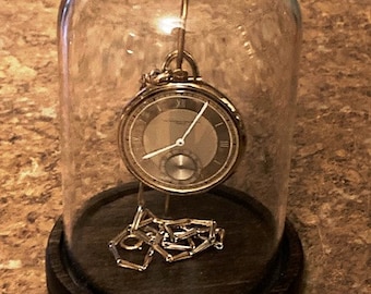 Glass and wood Pocket Watch/ figurine/ art Display Dome