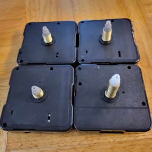 DIY clock movements are available in four shaft lengths: 13 mm, 1-2mm dial thickness. 16.5 mm, 1-3 mm dial thickness. 20 mm,6-8 mm Dial thickness. and 28 mm.10-16mm Dial thickness. They are excellent for crafting and repair work. hands and hardware included. continuous sweep movement. quiet. all shaft measurements are for total length. including Brass thread. all measurements are approximate.