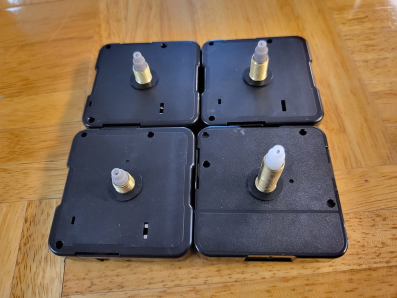 DIY clock movements are available in four shaft lengths: 13 mm, 1-2mm dial thickness. 16.5 mm, 1-3 mm dial thickness. 20 mm,6-8 mm Dial thickness. and 28 mm.10-16mm Dial thickness. They are excellent for crafting and repair work. hands and hardware included. continuous sweep movement. quiet. all shaft measurements are for total length. including Brass thread. all measurements are approximate.