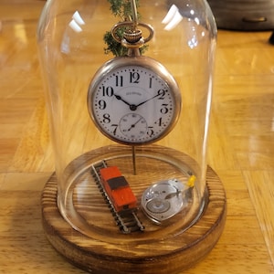 Handcrafted Railroad Pocket Watch Dome with Red Caboose
