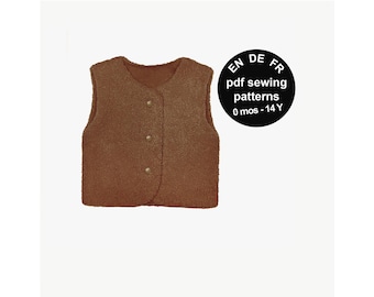 リバーシブルベビーベストの縫製パターン：サイズ0ヶ月～14歳（PDF