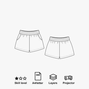 May include: A black and white line drawing of shorts with an elastic waistband and side pockets, shown from front and back views. Below are icons for skill level, A4/letter paper size, layers, and projector compatibility for sewing patterns.