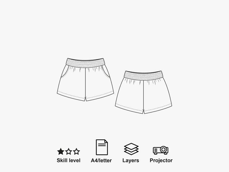 May include: A black and white line drawing of shorts with an elastic waistband and side pockets, shown from front and back views. Below are icons for skill level, A4/letter paper size, layers, and projector compatibility for sewing patterns.