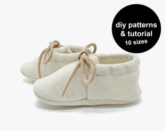 Baby Bootie Schnittmuster, um Babyschuhe zu machen. Herunterladbare PDF-Babyschuh-Schnittmuster oder ein Baby-Mokassin-Schnittmuster mit einer leicht verständlichen Anleitung