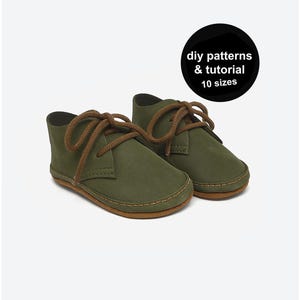 May include: A pair of olive green ankle boots with brown laces and soles. The boots are displayed on a white background. A black circle with white text reads "DIY patterns & tutorial 10 sizes."