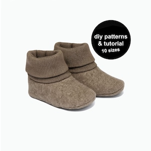 May include: A pair of taupe-colored felted wool bootie slippers with a folded-over knit cuff. The image includes a black circle with the text "diy patterns & tutorial 10 sizes".