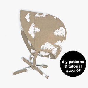 May include: A brown sun hat with a white cloud print and a tie at the bottom. The hat is labeled "diy patterns & tutorial 0 mos-3T".