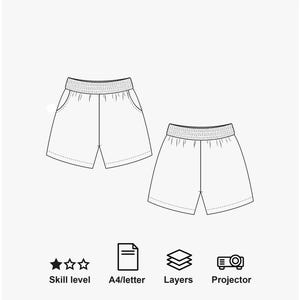 May include: A black and white line drawing of shorts with an elastic waistband and side pockets. Below the shorts are four icons representing skill level, A4/letter paper size, layers, and projector compatibility for a sewing pattern.