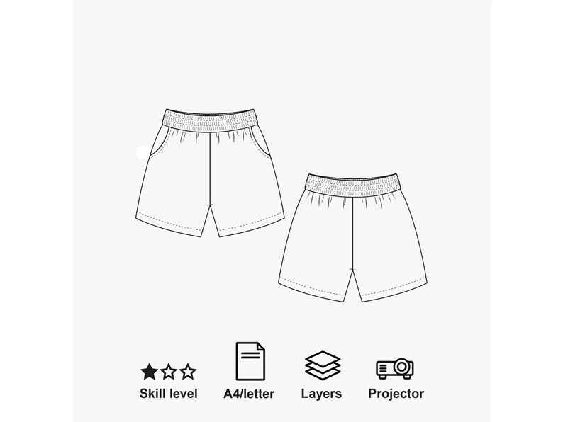 May include: A black and white line drawing of shorts with an elastic waistband and side pockets. Below the shorts are four icons representing skill level, A4/letter paper size, layers, and projector compatibility for a sewing pattern.