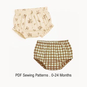 May include: Two pairs of baby bloomers, one in a cream fabric with a small brown floral print and the other in a brown and white gingham check pattern. Both feature an elastic waistband and leg openings. Text reads: PDF Sewing Patterns . 0-24 Months
