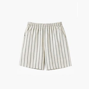 May include: Off-white shorts featuring a vertical pinstripe pattern in a dark charcoal color. These shorts have an elasticized waistband with gathered fabric detailing and two side pockets, providing a clean and functional design.
