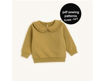 Kids Sweatshirt Sewing Pattern: Baby & Kids Long Sleeve Shirt with Peter Pan Collar (PDF)