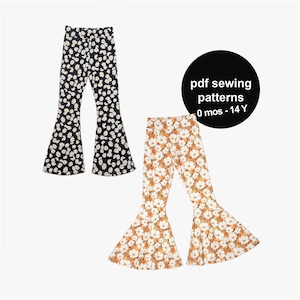 May include: Two pairs of flared trousers with floral patterns. One pair is black with white daisies, and the other is tan with white and orange flowers. A black circle with white text reads "pdf sewing patterns 0 mos - 14 Y".