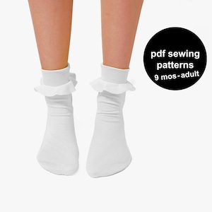 May include: White ankle socks with a ruffled trim.  The socks are shown on a pair of legs.  The text "pdf sewing patterns 9 mos-adult" is in a black circle in the upper right corner of the image.