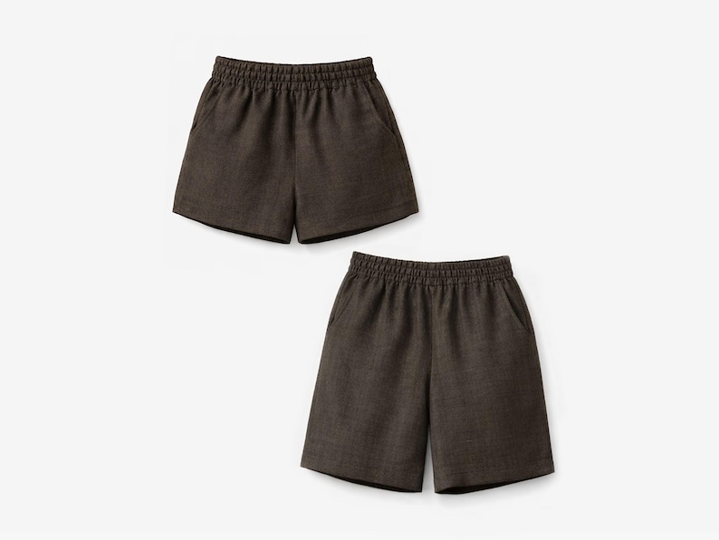 May include: Two pairs of dark brown shorts featuring an elasticized waistband and side pockets. The shorts are constructed from a textured fabric and have a straight-leg cut that falls to the mid-thigh, providing a simple and functional design.
