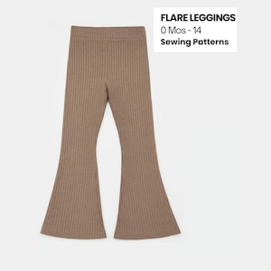 May include: A pair of brown flare leggings made of ribbed fabric. The leggings have a high waist and a flared leg design. The text "FLARE LEGGINGS 0 Mos - 14 Sewing Patterns" is in the upper right corner.