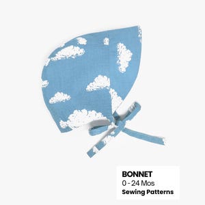 May include: A blue bonnet with a white cloud pattern and a matching tie. The bonnet is designed for babies aged 0-24 months. The text on the image reads: BONNET 0-24 Mos Sewing Patterns.