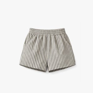 May include: A pair of shorts featuring a vertical pinstripe pattern in dark gray and off-white. The shorts have an elasticized waistband with gathered fabric detail and two side pockets, designed with a straight-cut hemline and a relaxed fit.