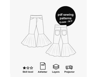 Bell Bottom Leggings Sewing Pattern PDF: Kids Sizes 0M-14Y