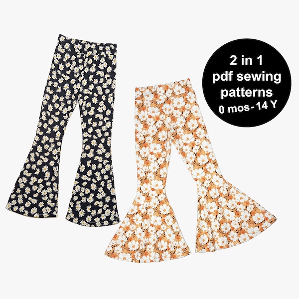 Baby & kids bell bottom leggings pattern and flare legging patterns bundle. Sew pants with the downloadable kids pants sewing patterns now!