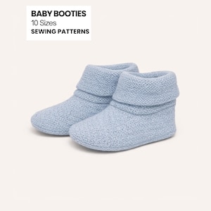 May include: A pair of light blue baby booties with a textured knit appearance and a folded cuff design. The image includes text that reads BABY BOOTIES 10 Sizes SEWING PATTERNS, indicating these are instructions for creating the footwear.