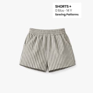 Puede incluir: Shorts a rayas con cintura elástica. Los shorts son de color neutro con rayas verticales. El texto "SHORTS + 0 Mos - 14 Y Sewing Patterns" está en la esquina superior derecha.