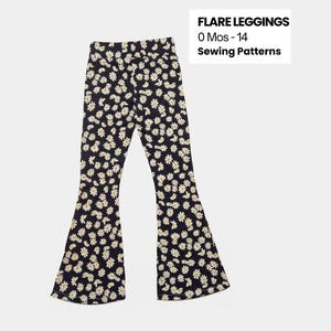 Może przedstawiać: Czarne legginsy z rozszerzanymi nogawkami z białym wzorem stokrotek. Legginsy mają wysoki stan i rozszerzany krój nogawek. Tekst "FLARE LEGGINGS 0 Mos - 14 Sewing Patterns" znajduje się w prawym górnym rogu.