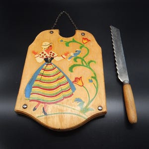 SWEDISH BREAD BOARD Very Old Cutting Board with Knife Insert Scandinavian Lady and Bird Decor Hanging Chain Unique Kitchen Folk Art