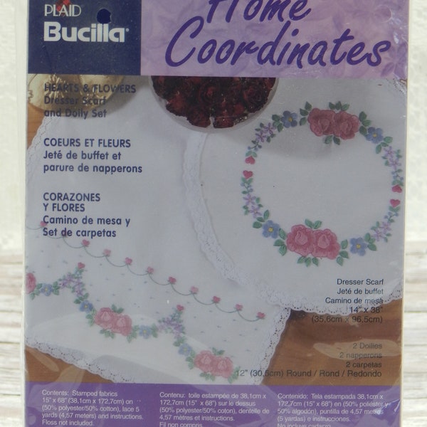 DRESSER SCARF & DOILY Vintage 2002 Bucilla Hearts and Flowers Stamped Cotton/Poly Fabric for You to Embroider Needlework- Thread Not Incl.