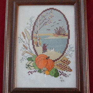 AUTUMN WATERFOWL HUNTING Finished Framed Vintage Cross Stitch Duck Geese Hunter Picture Needlework Stitching Wall Decor