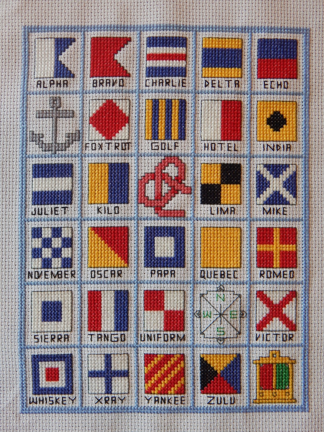NAUTICAL ALPHABET STITCHERY Finished Completed Counted Cross Stitch Maritime Code Flags