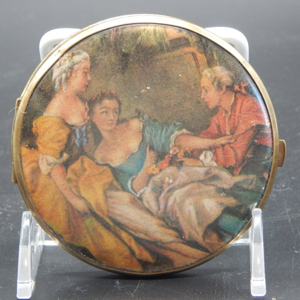 DOUBLE MIRROR COMPACT Vintage 1950's? Victorian Courting Scene Compact with Magnifying and Regular Mirrors