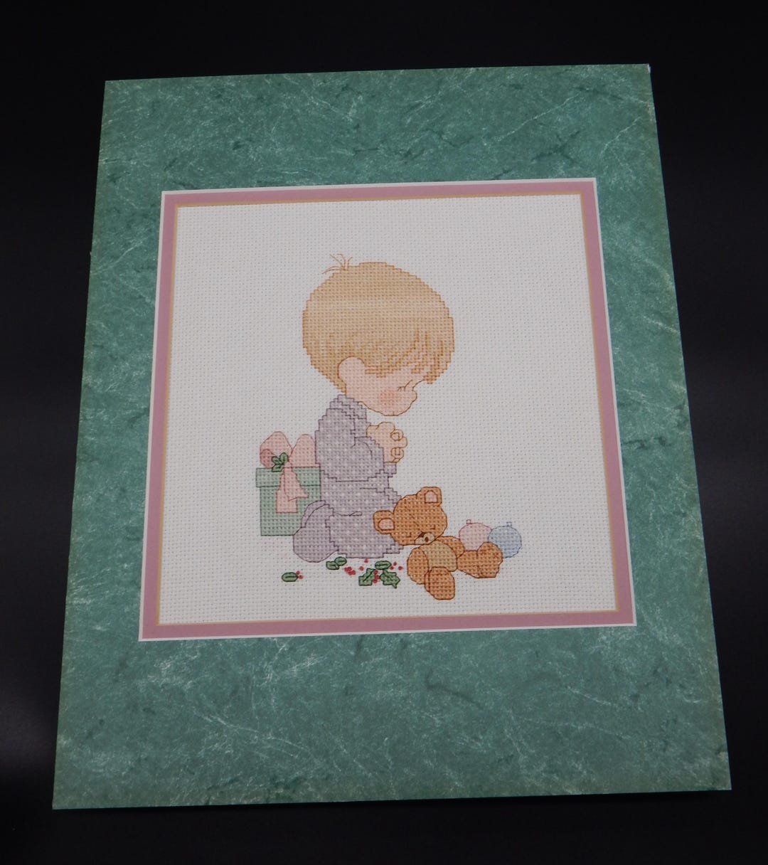 PRAYING BOY Finished Completed Counted Cross Stitch Precious Moments ...