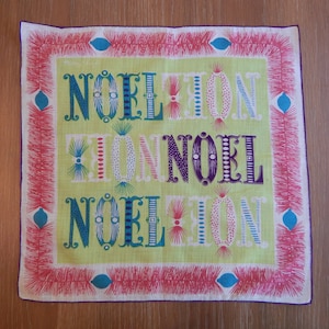 TAMMIS KEEFE HANDKERCHIEF Vintage Noel Christmas Holiday Midcentury Designer Hanky Hankie Red Green Blue Purple White