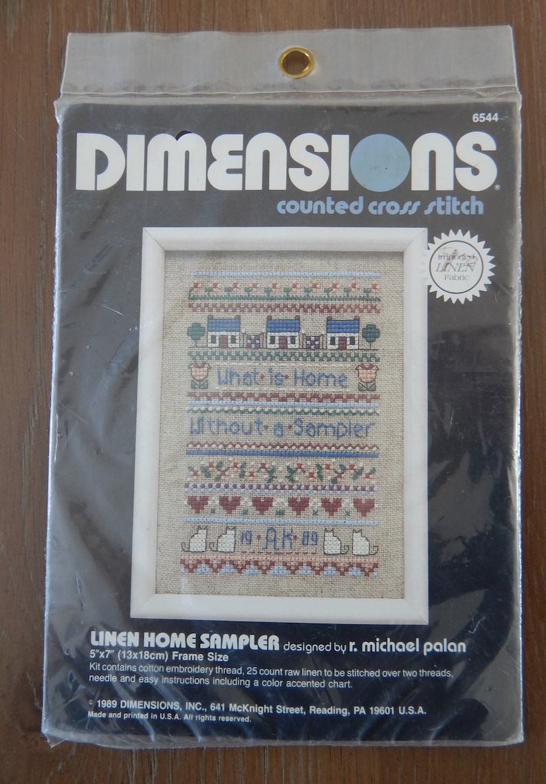 LINEN HOME SAMPLER Dimensions Counted Cross Stitch Vintage Kit Houses Cats Hearts Stitchery Needlework Unopened Kit