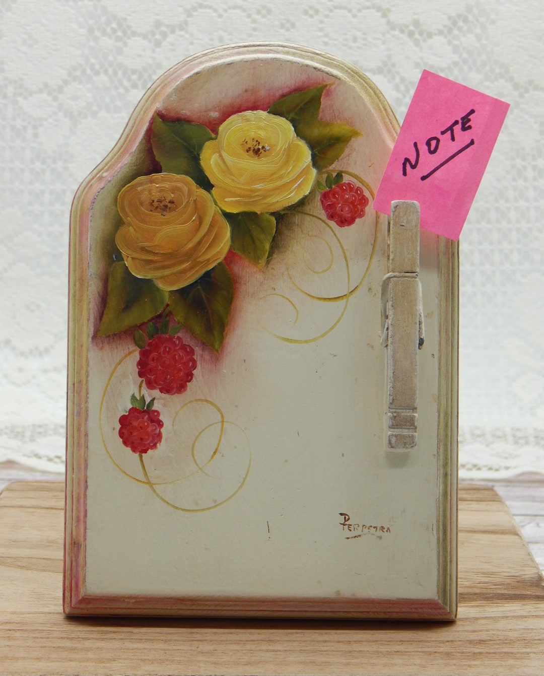 ROSES NOTE HOLDER Pretty Hand Painted Wood Board With Clip for Holding ...