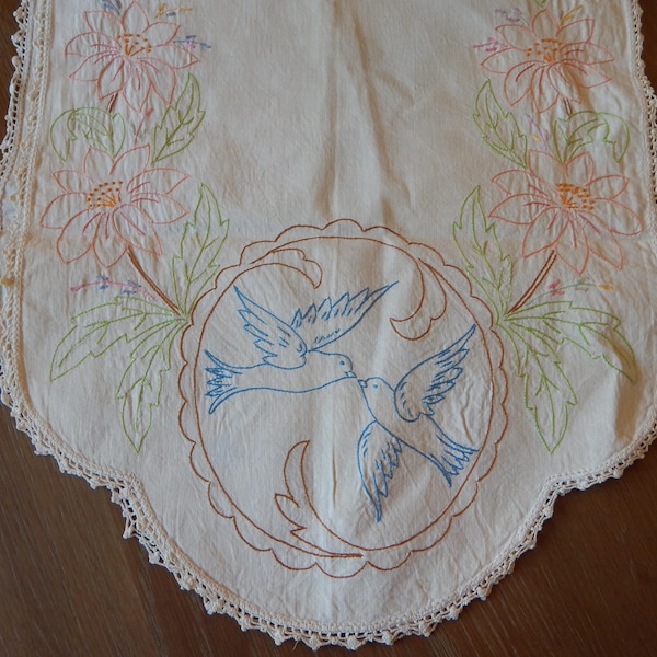 BLUEBIRDS DRESSER SCARF Vintage Embroidery Table Runner Two Flying Birds Pink Flowers Green Leaves Crochet Edge Soft Muted Colors So Pretty!