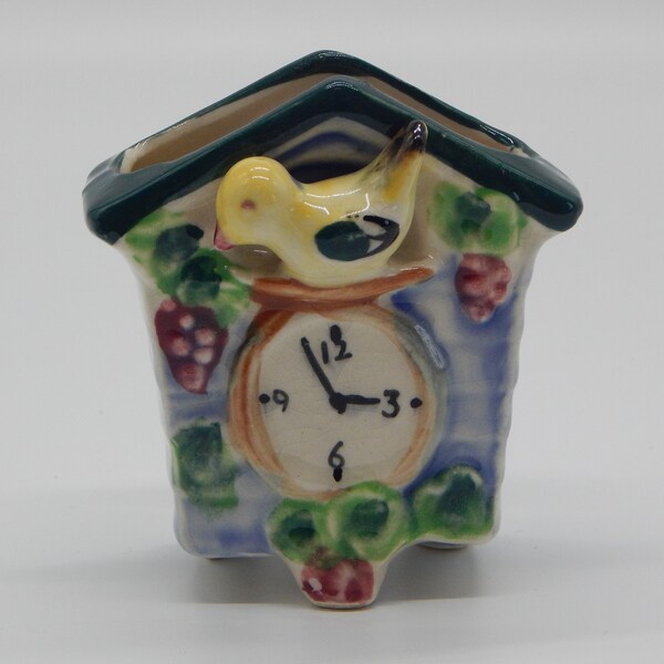 CLOCK WALL POCKET Vintage Ceramic Midcentury Made in Japan Yellow Cuckoo Bird on Petite Birdhouse Clock Bright Colors So Cute!