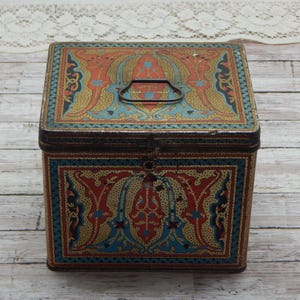 ART DECO TIN Gorgeous Uneeda 1920&#39;s Nabisco National Biscuit Company Metal Cracker Storage Box Great Colorful Design Hinged Tin With Handle