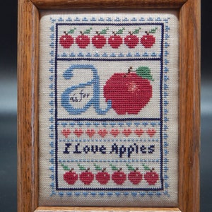 I LOVE APPLES Vintage Finished Framed Counted Cross Stitch Red Fruit A Is For Apple Needlework Stitchery