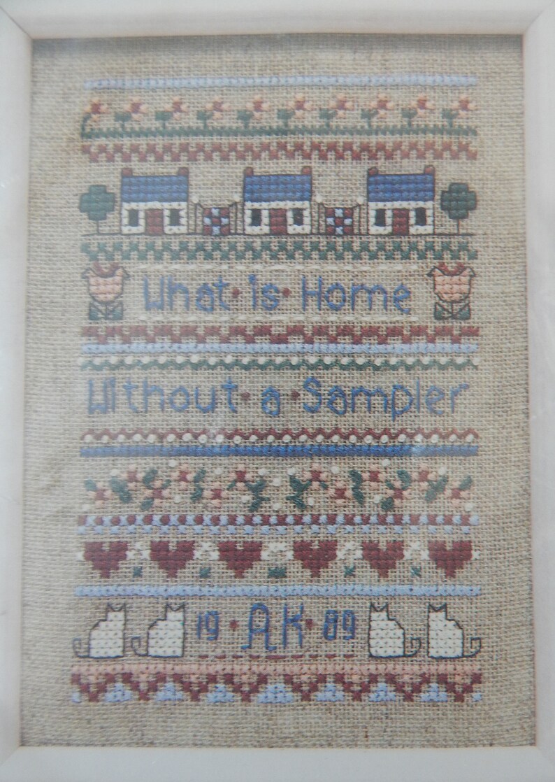LINEN HOME SAMPLER Dimensions Counted Cross Stitch Vintage Kit Houses Cats Hearts Stitchery Needlework Unopened Kit