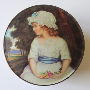 THORNES TOFFEE SIMPLICITY Vintage Round Lidded Candy Tin Made in England Joshua Reynolds Girl Image on Lid