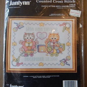 CUDDLY KITTENS Birth Announcement Counted Cross Stitch Kit Vintage Janlynn Needlework Stitchery Kit Pastels Cats Toys