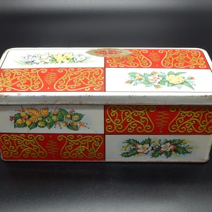VINTAGE SEASONS TIN Pretty Checkerboard Style Jacob&#39;s Biscuit Tin Hinged Lid Made in England Red & White Four Seasons Floral