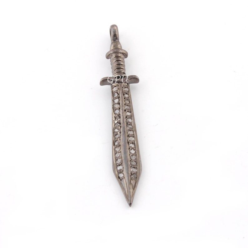 1 Piece Pave Diamond Sword Charm Pendant,925 Sterling Silver Single Bail Pendant 46mmx8mm DPC135